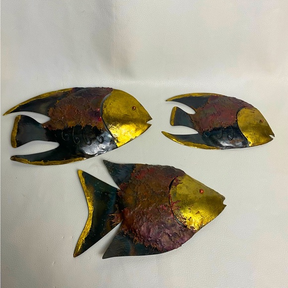Mid Century Brutalist Metal Art Fish Vintage Wall Sculptures set of 3 - Picture 1 of 11